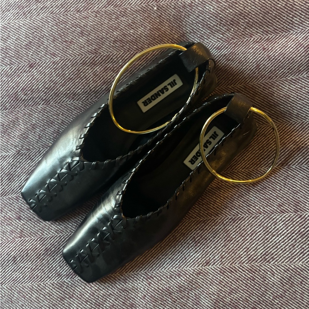 Jil Sander Black Leather Heels with Gold Accent